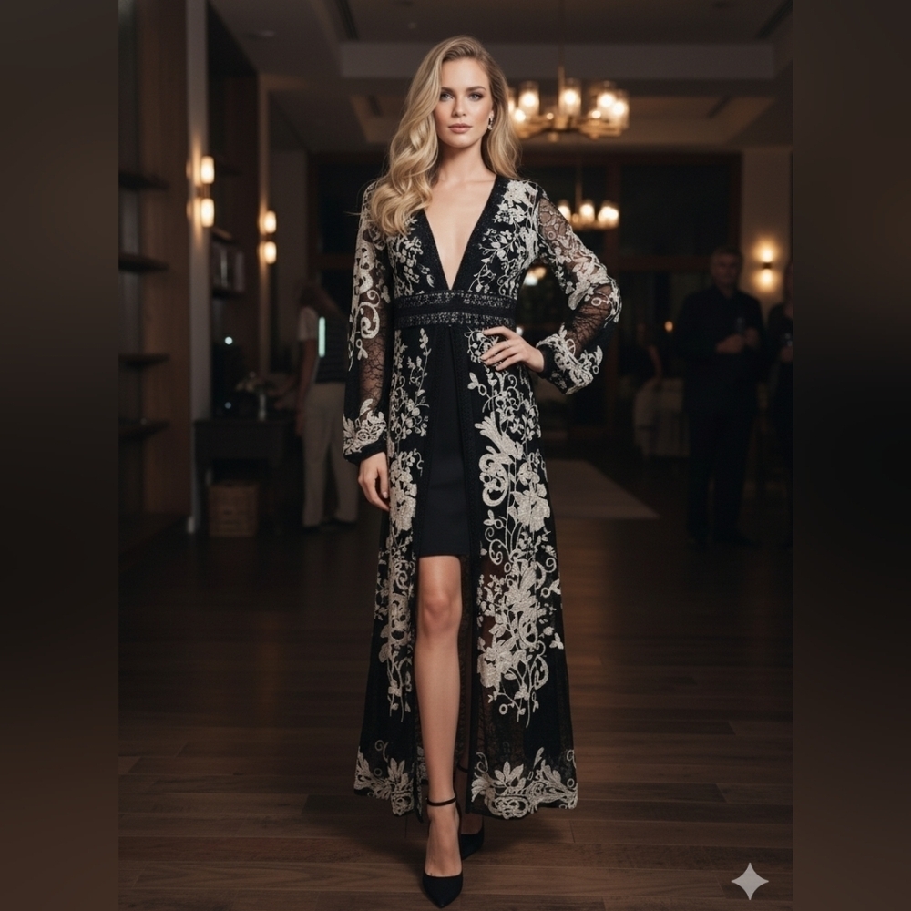 VENUS Black Ivory Embroidered Lace Maxi Overlay Dress | Size 6 | Sheer Sleeves M
